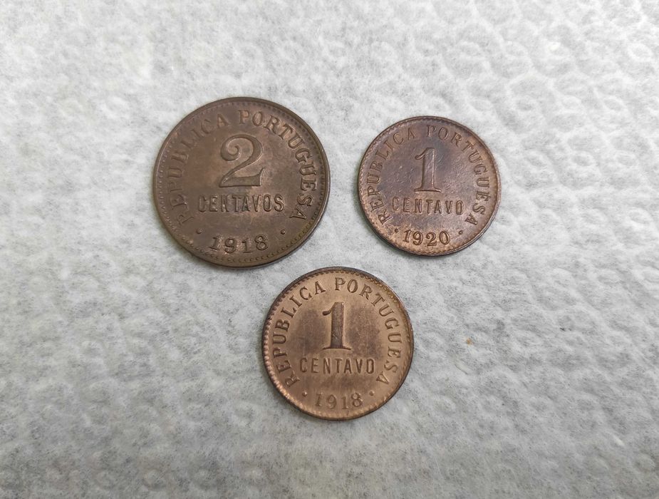 3 Moedas: 1 Centavo 1918 + 1920 + 2 Centavos 1918 - Excelentes