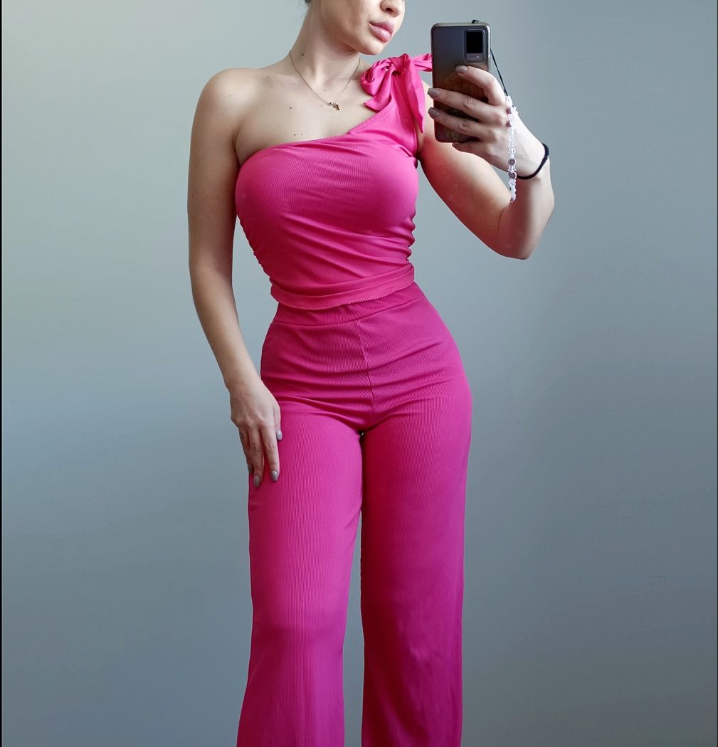 Kombinezon na jedno ramię komplet wide leg crop top