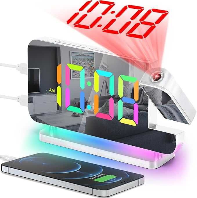 Cyfrowy Budzik LED Z Lustrem RGB 7,4" USB C Zegar Nocny Do Sypialni