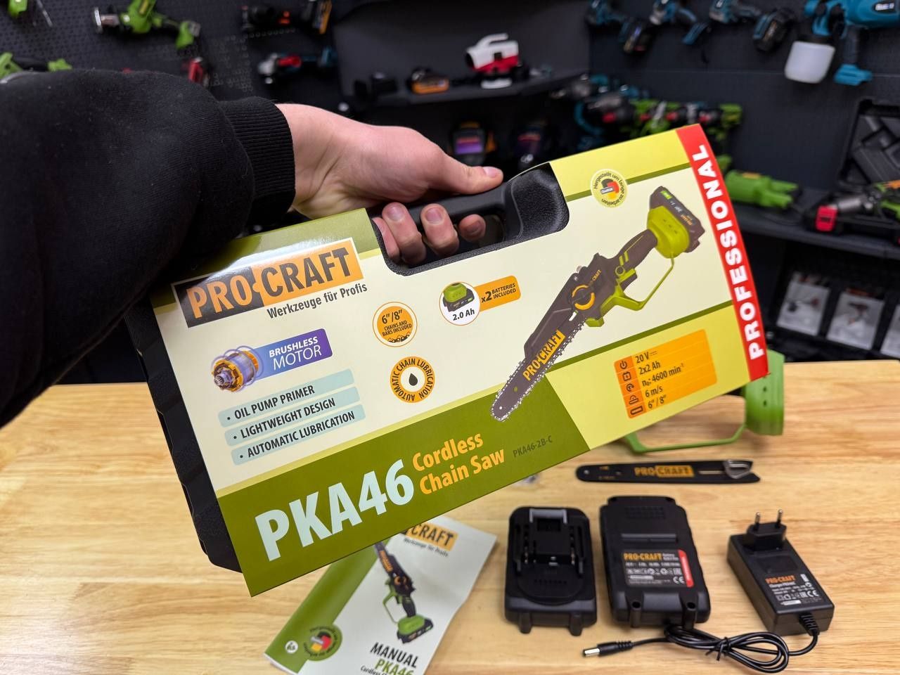 2акб по 2.0А Мини Пила Procraft PKA46 2Шины 2Цепи +Смазка цепи +Кейс