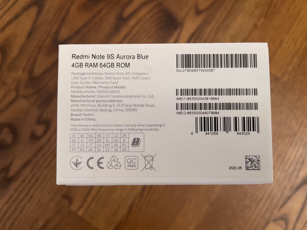 Pudełko Redmi Note 9S Aurora Blue 4GB RAM 64GB ROM
