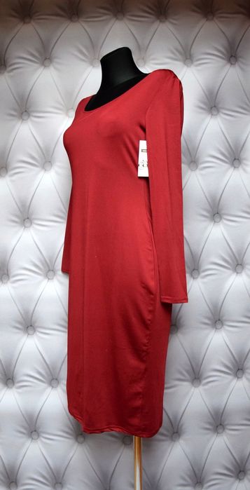 Sukienka midi czerwone wino paski na plecach długi rekaw