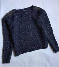 Guess sweter granatowo-srebrny regular L XL 40/42 wełna pagony oversiz