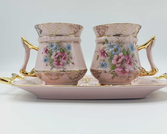 NOWE filiżanki z tacką UPAK Carlsbad kolekcjonerskie różowa porcelana