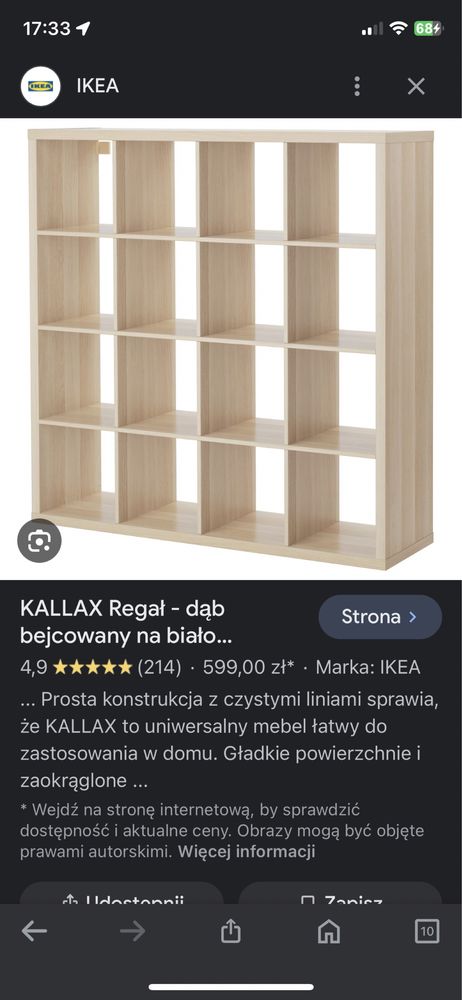 Regał Kallax 4x4 dąb + wkłady