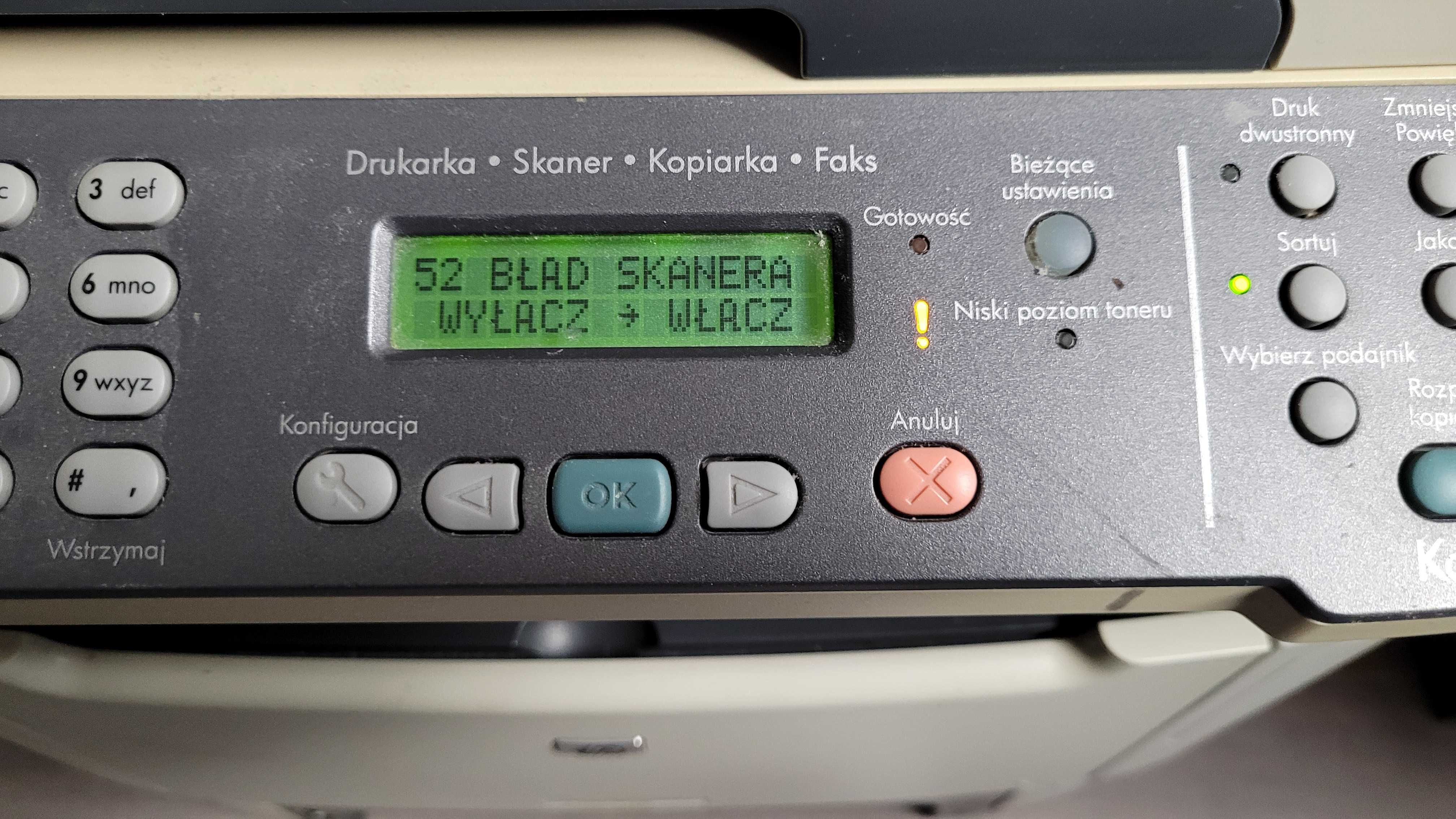 Uszkodzona drukarka HP Laser Jet M2727nf - USB, LAN, skaner, fax