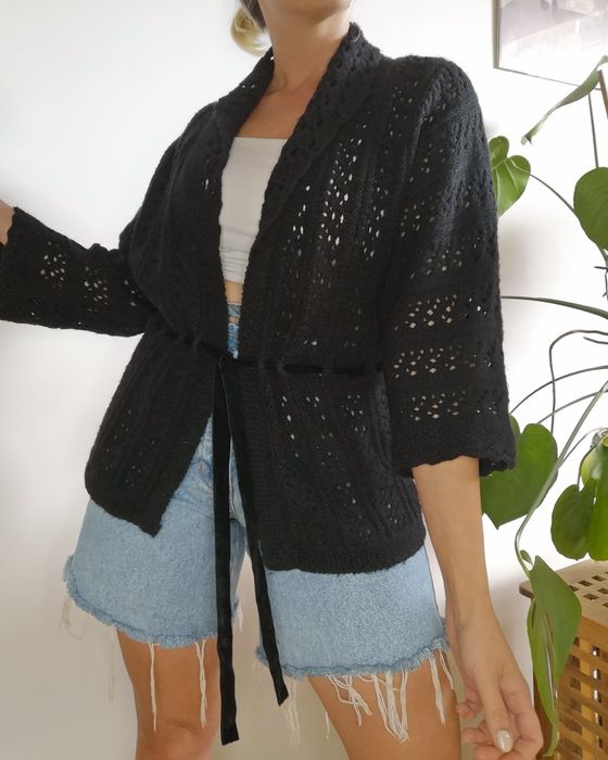 Czarny ażurowy kardigan oversize boho wełna vintage