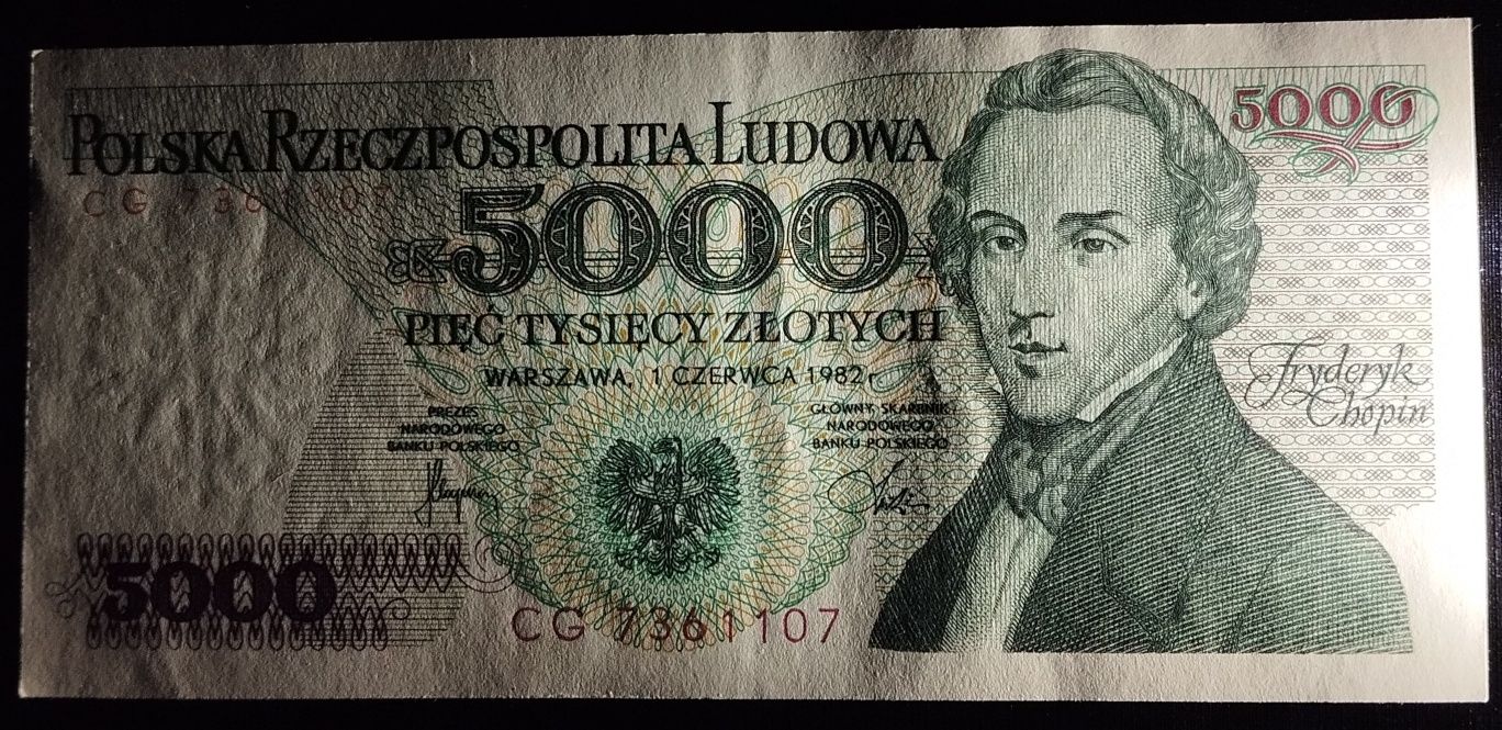 Banknot PRL 5000 zł 1982r. Stan -UNC seria CG (L3 - mniej dostępna)