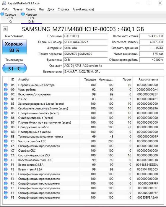SSD 480gb Samsung PM863. 2.5" sata3 tlc 7mm. б.у.хорошее состояние.