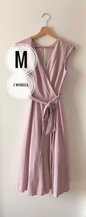 Pudrowa różowa sukienka midi dekolt V bez rękawów taliowana M 38