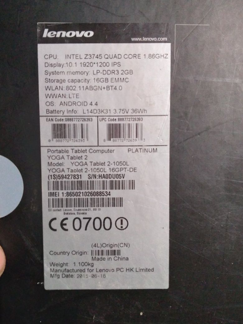 Lenovo Yoga Tablet 2 10.1" LTE SIM FullHD 2/16GB 4x1.86Ghz