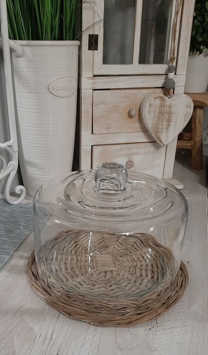 Patera szklana na wiklinie klosz na muffiny, ciastka owoce, na prezent
