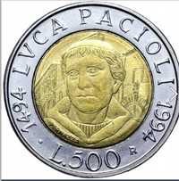 Kolekcjonerska moneta 500 lirów Luca Pacioli 1994