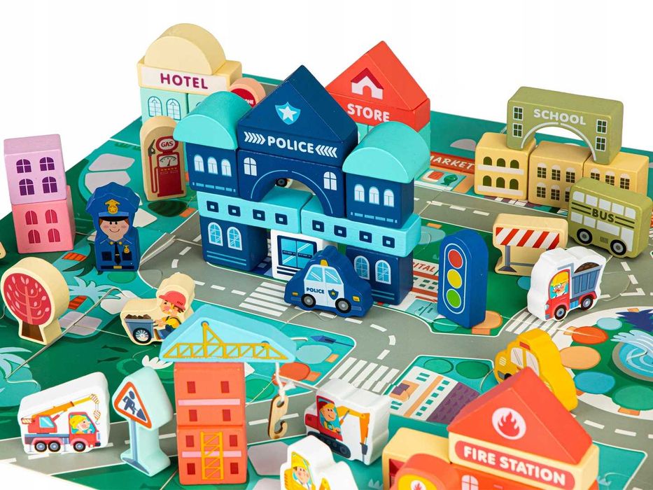 Drewniane klocki edukacyjne miasto mata 121 szt