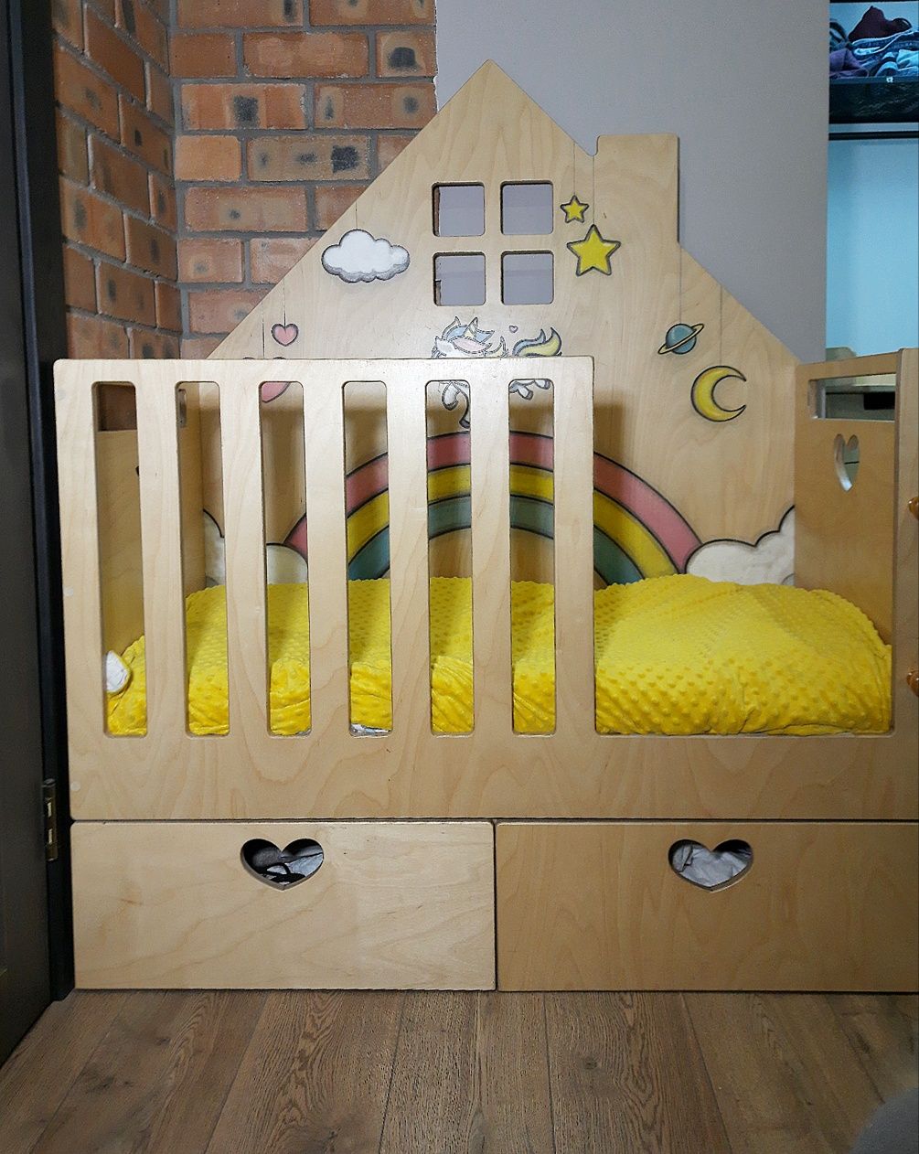 Дитяче ліжко та тумба, комплект з фанери з малюнками, 0-5 років