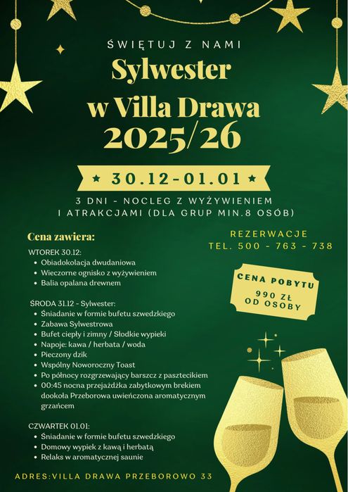 Sylwester z klimatem w Villa Drawa, 3 dni pełen pakiet!