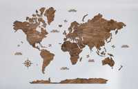 Drewniana Mapa Świata, Mapa z Drewna - 140 x 90 cm PL