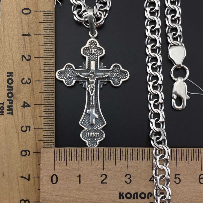 Чоловіча срібна цепочка з хрестиком ланцюжок Бісмарк 925 проба
