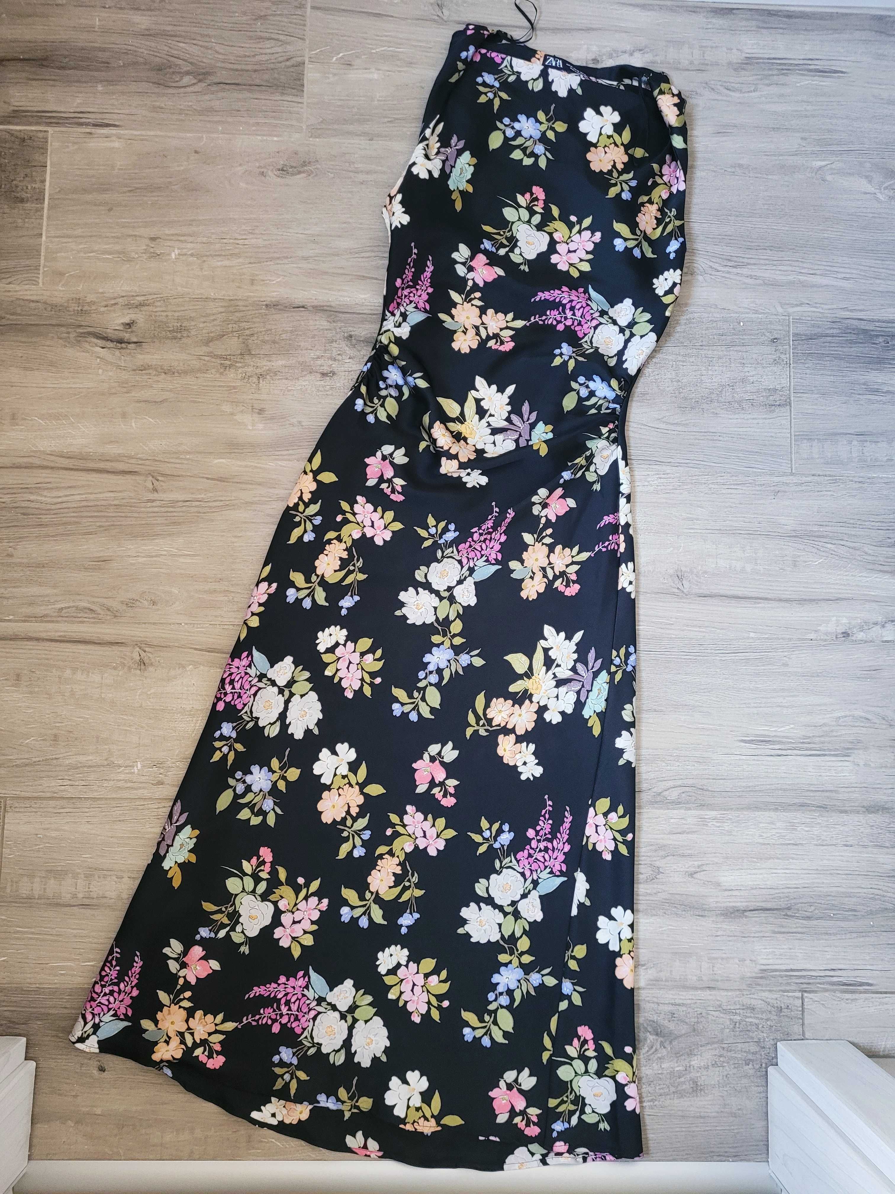 Satynowa drapowana sukienka midi w kwiaty boho Zara XS