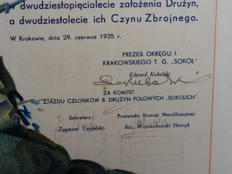 Odznaka wraz dyplomem Sokół Kraków II RP