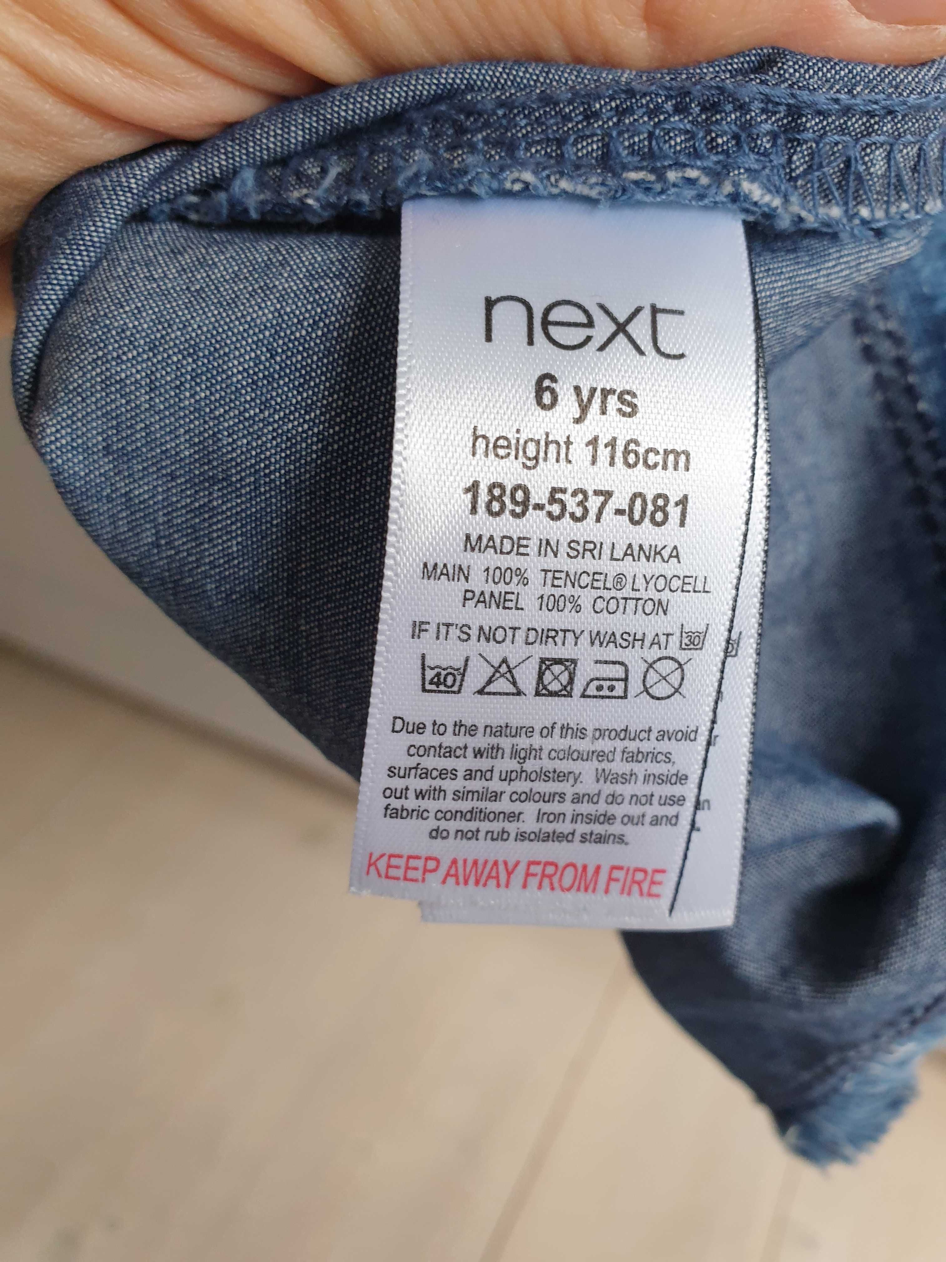 Niebieska dżinsowa jeans sukienka z tencelu z falbankami Next 110 116