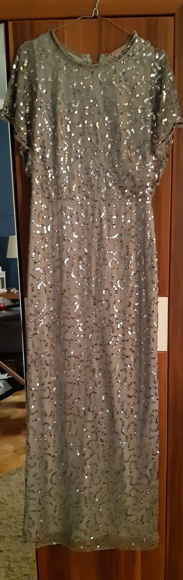 Srebrna celinowa sukienka maxi rozmiar 38