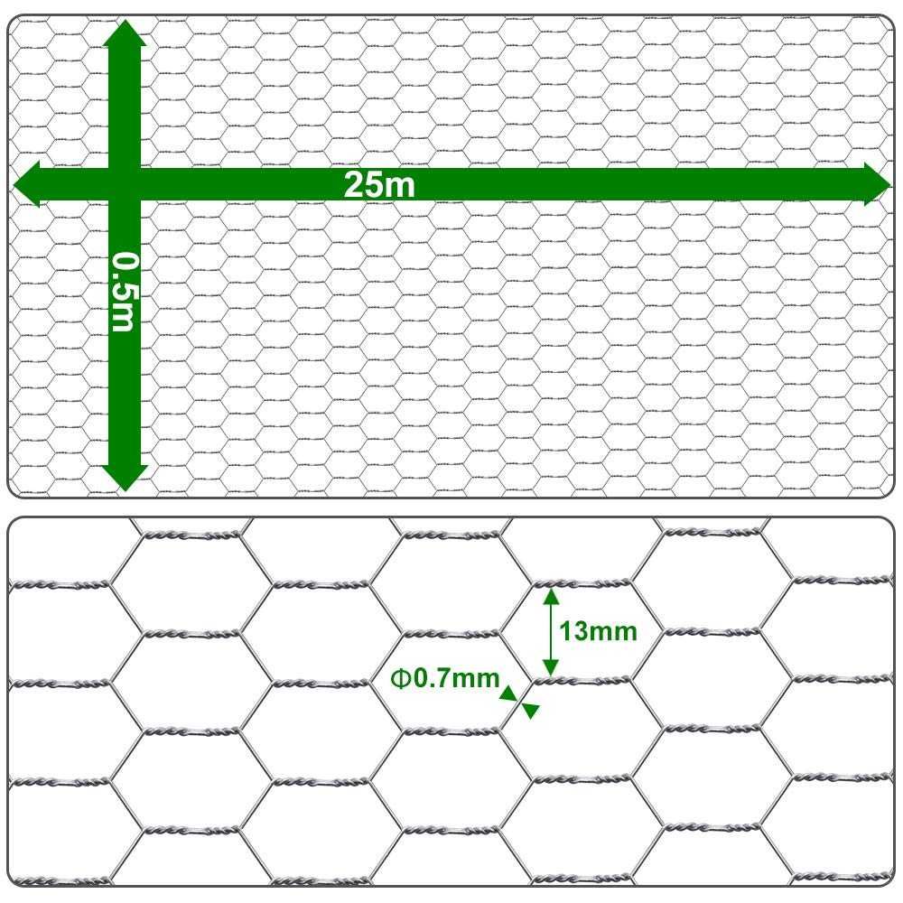 Ocynkowana siatka druciana, 50 cm x 25 m, wielkość oczek 13 mm,