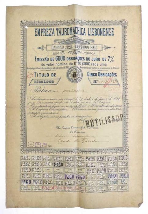 Titulo de 5 Obrigações da Empreza Tauromachica de 1893