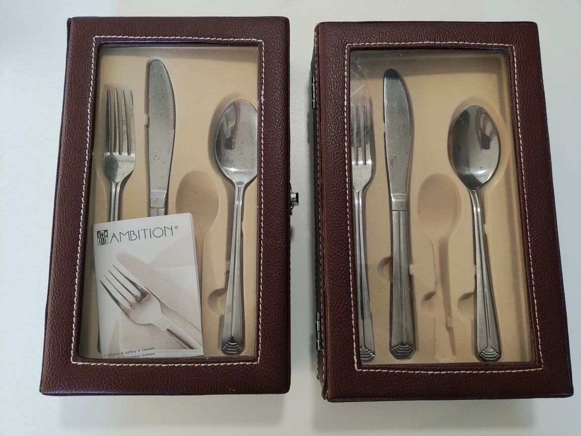 Sztućce dla 10 osób: nóż x10, łyżka x12, widelec x12, + eleganckie pud