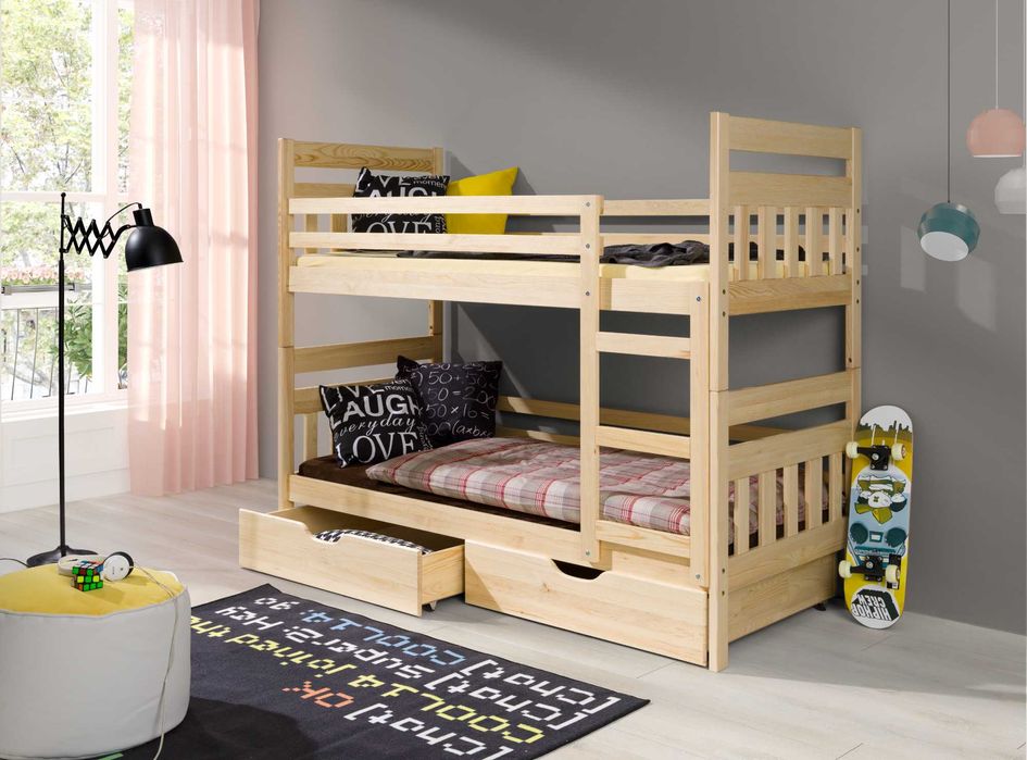 Łóżko dla dzieci sosnowe piętrowe BRUNO pojemne szuflady