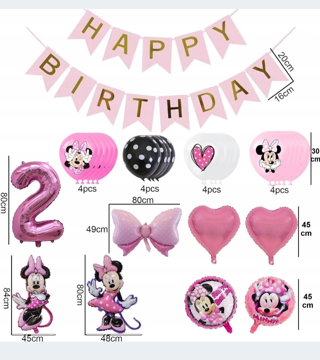 Dekoracje urodzinowe 2 urodziny Myszka Minnie balony urodzinowe B262