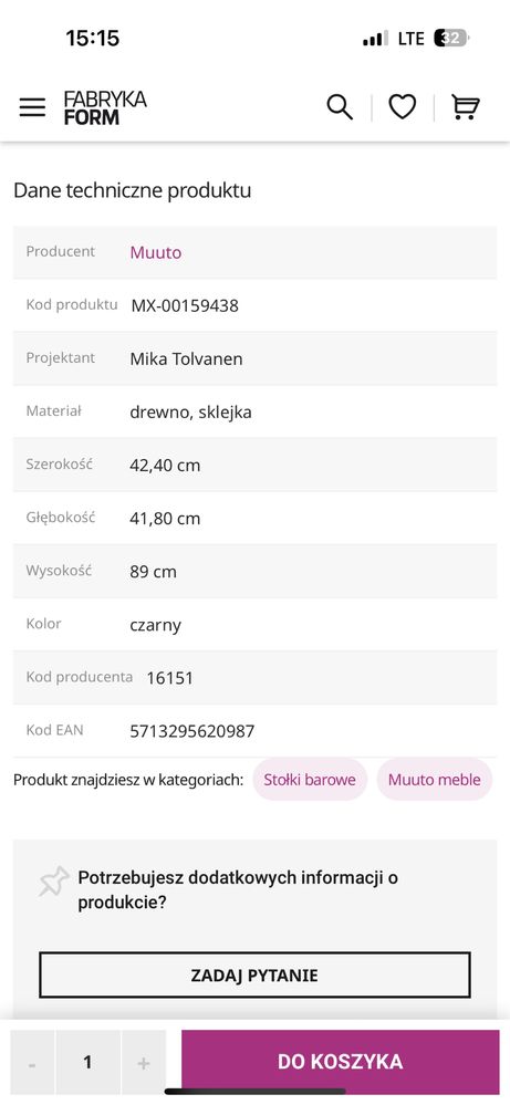 Stołek barowy Visu Muuto dąb
