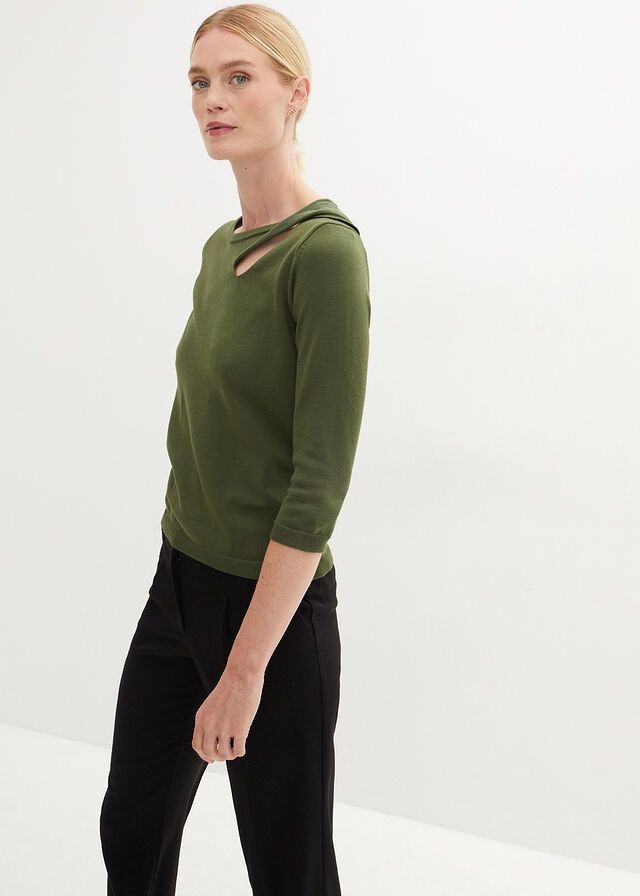 B.P.C sweter khaki z wycięciem 52/54.