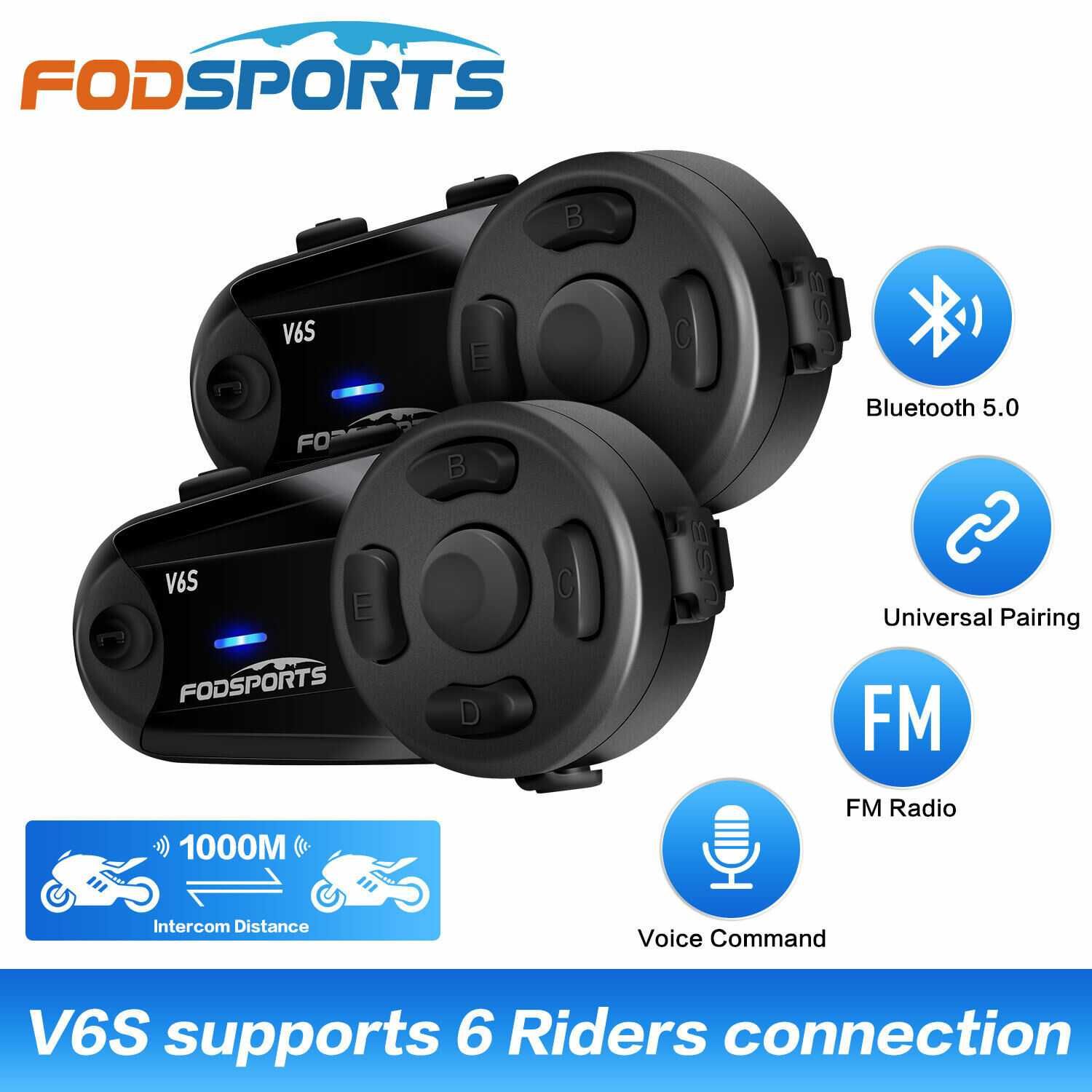 2 x Intercomunicadores Moto - Fodsports V6S (1000m) - Bluetooth 5.0