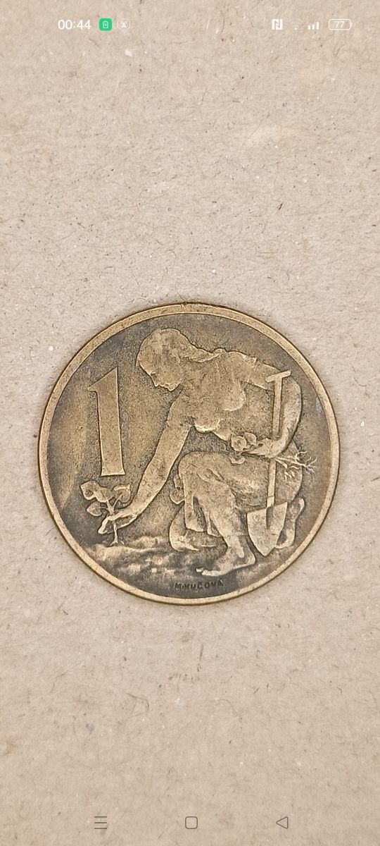 1 Korona moneta Czechosłowacja 1969 r.  Kobita kuca z łopatą szpadel
