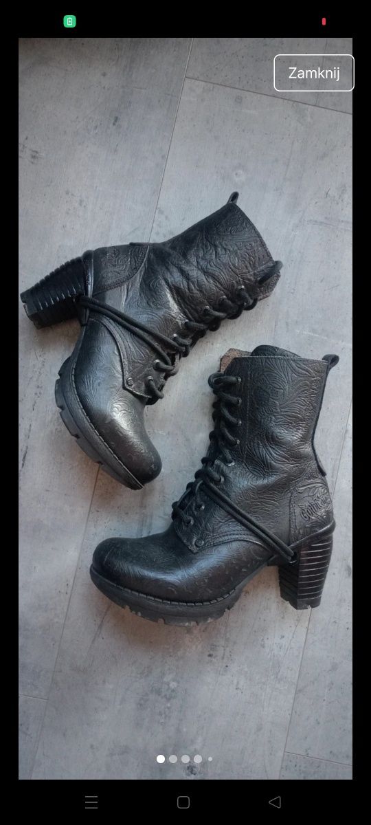 Buty new rock 37 czarne na obcasie ze skóry wiązane gothicana na zamek