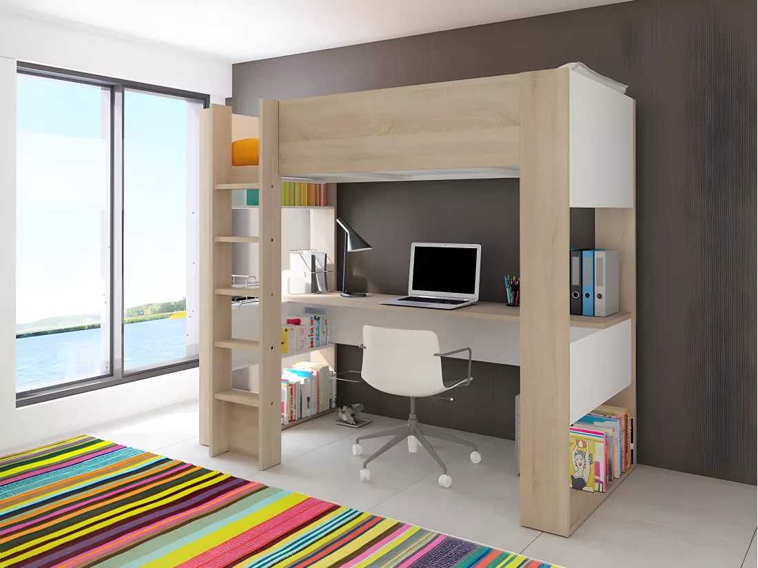 Cama alta c secretária+ arrumação integradas 90x200 cm Carvalho - Noah