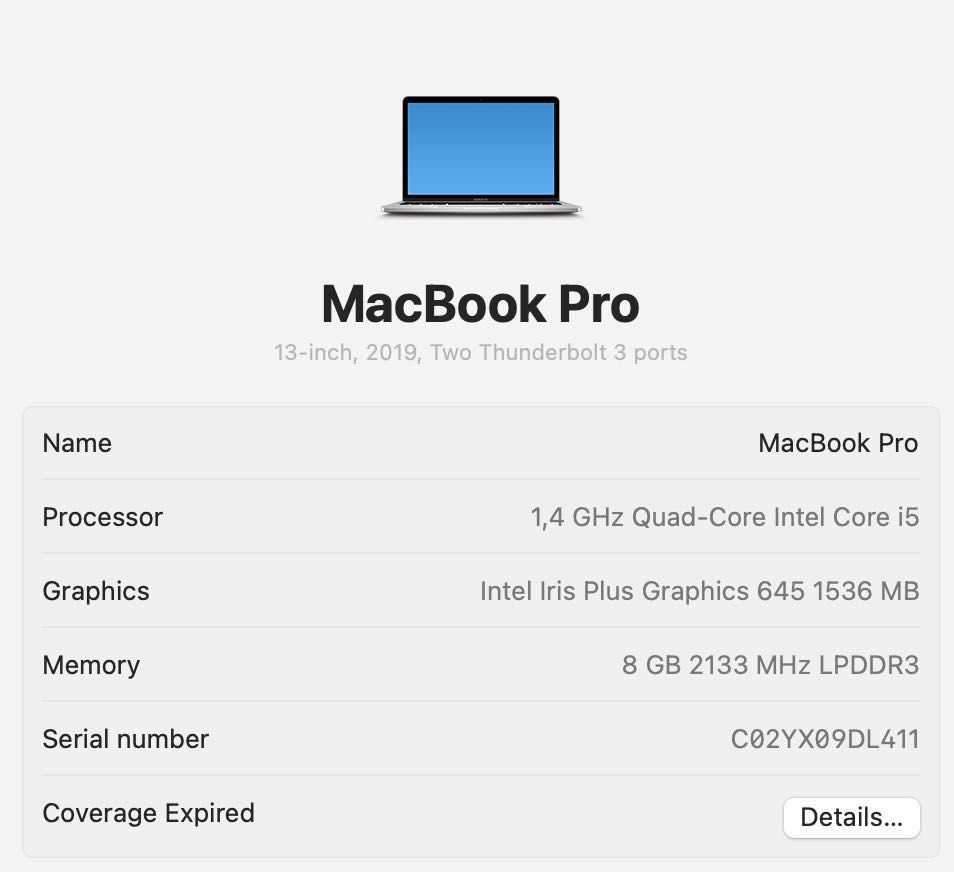 MacBook Pro 2019 13.3 1,4 GHZ Quad-Core Intel Core i5 com TouchBar