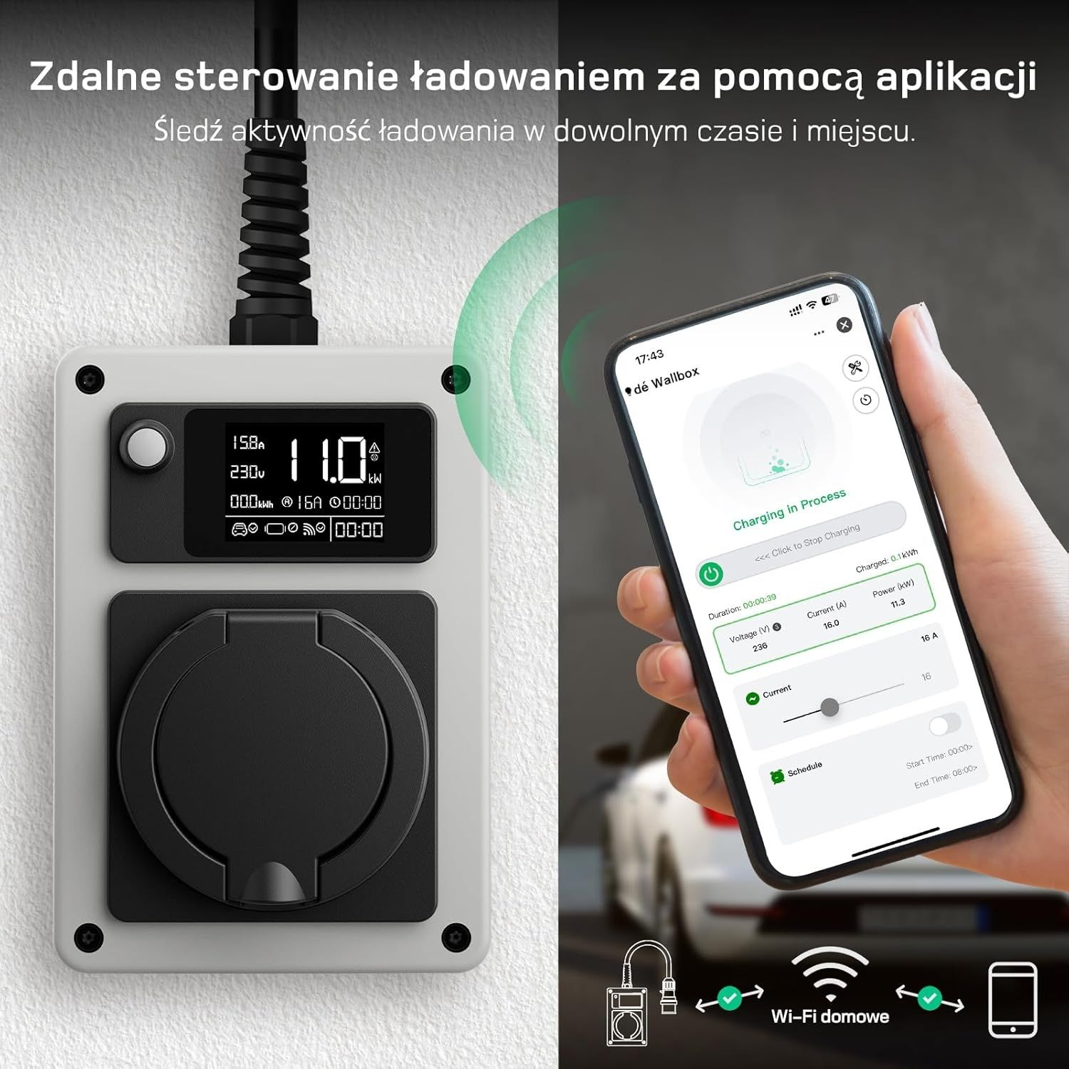 Ładowarka samochodowa dé Przenośny wallbox 11 kW z aplikacją EV Charge