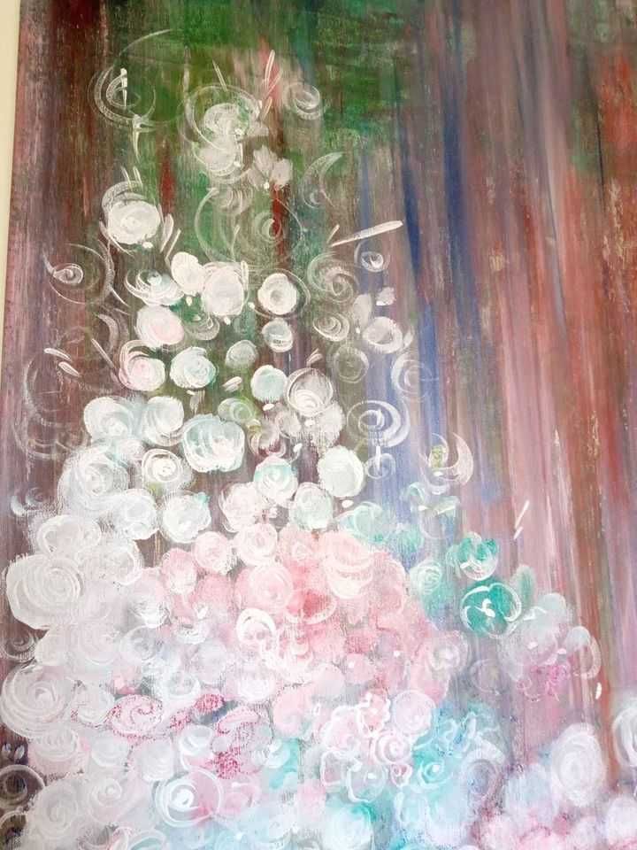 Tela com motivos florais, com 1 metro por 80 em acrílico óleo e pastel