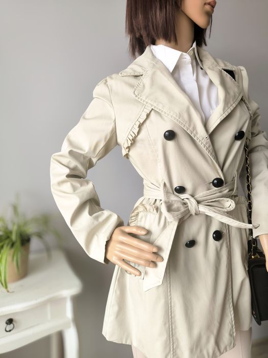 Beżowy trencz bawełniany, elegancki, dwurzędowy, rozm. M L 38 40
