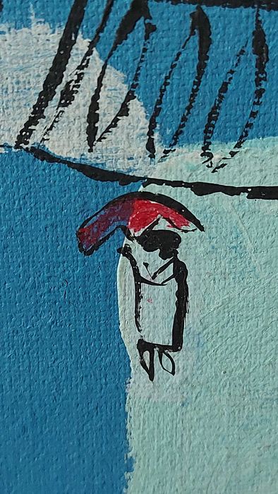 Obraz P. Basel – nadmorski pejzaż w stylu naiwnym 51×41 cm