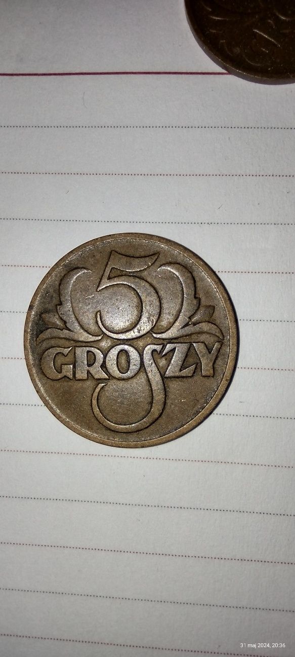 Moneta monety Polska 2 grosze oraz 5, znak WJ, herb Kościesza