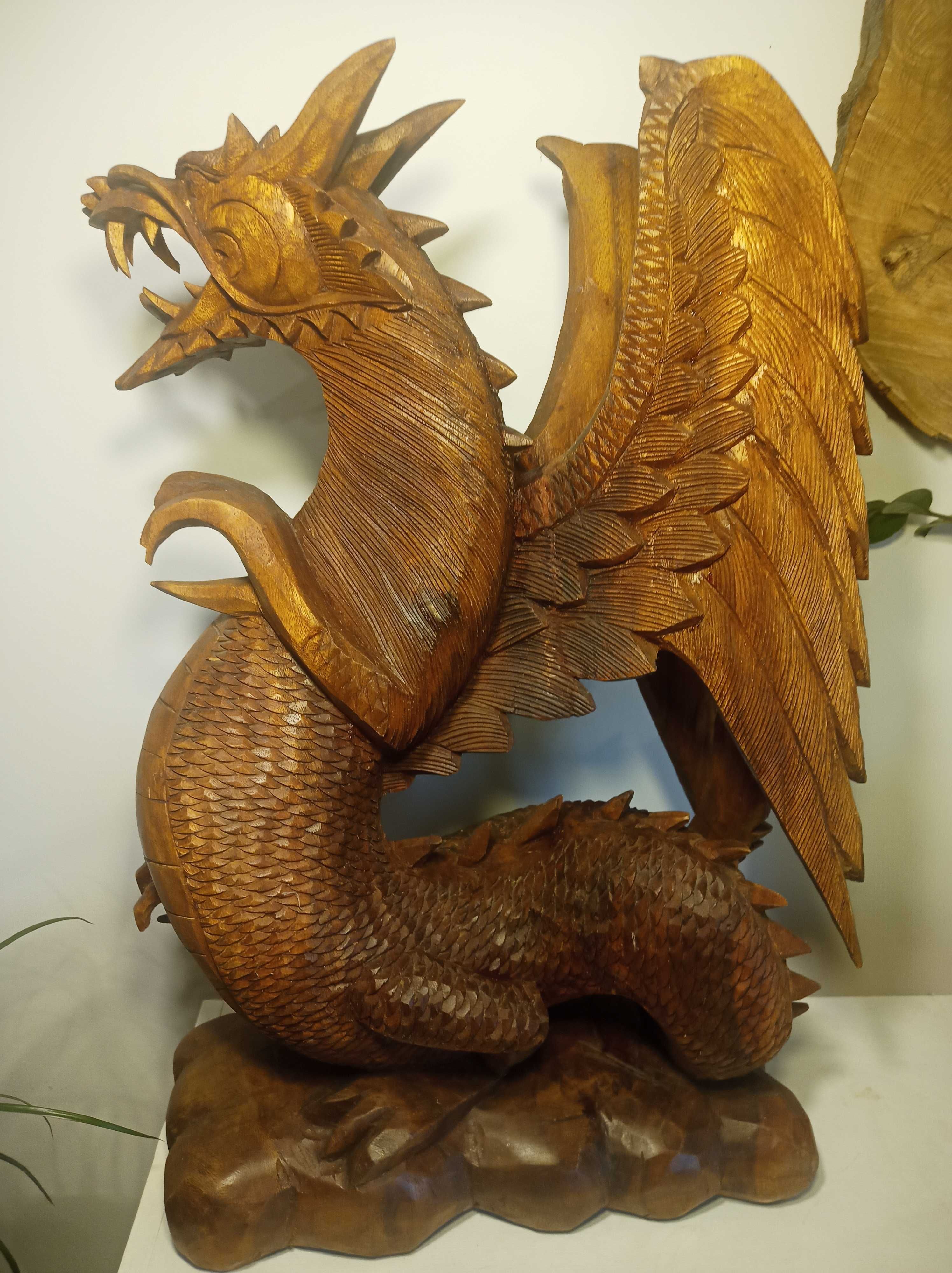 Wielki drewniany Smok, rzeźba rękodzieło 63 x 40cm Figura Smoka XXL