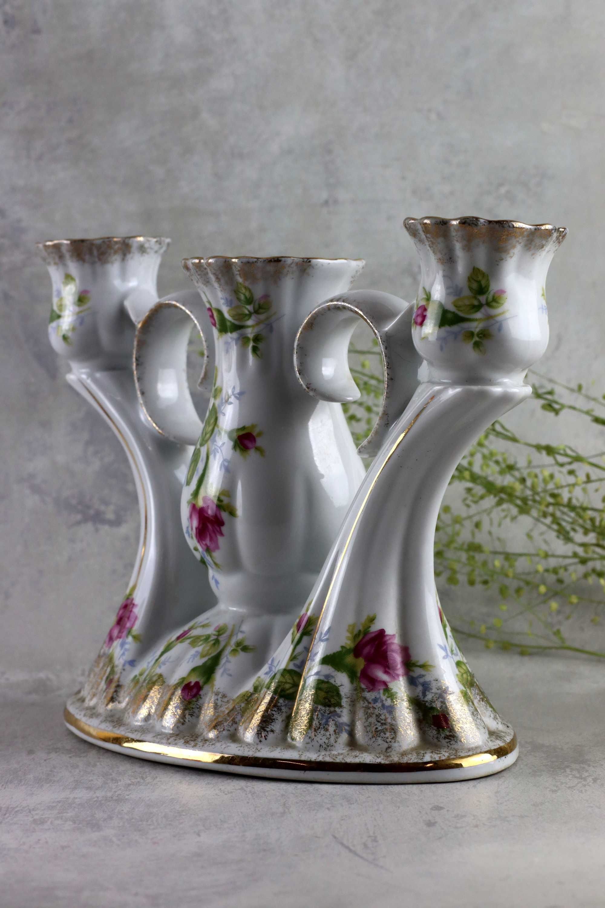 Potrójny świecznik Iwona Chodzież porcelana róże vintage prl