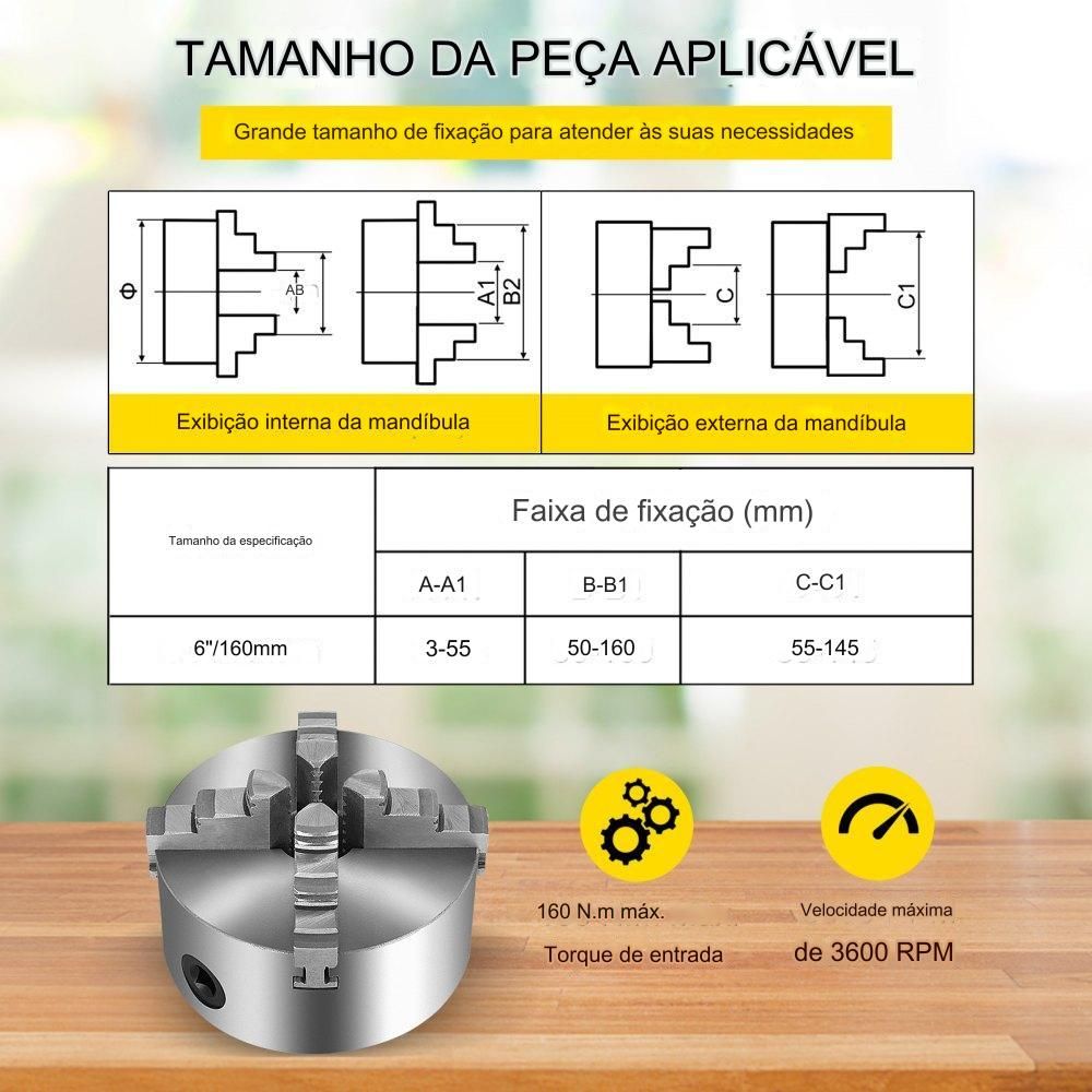 Mandril de Torno de 160mm com 4 Garras