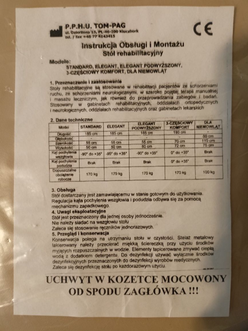 Łóżko kozetka do masażu z regulowanym zagłówkiem 186x56x52/78 Wrocław