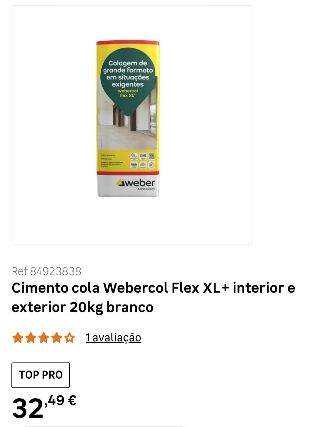 Cimento cola Webercol Flex XL+ interior e exterior 20kg branco