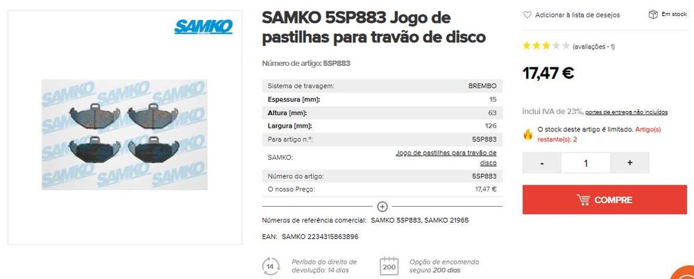 Pastilhas De Travão Para Renault Laguna/Espace/Safrane - Samko 5sp883
