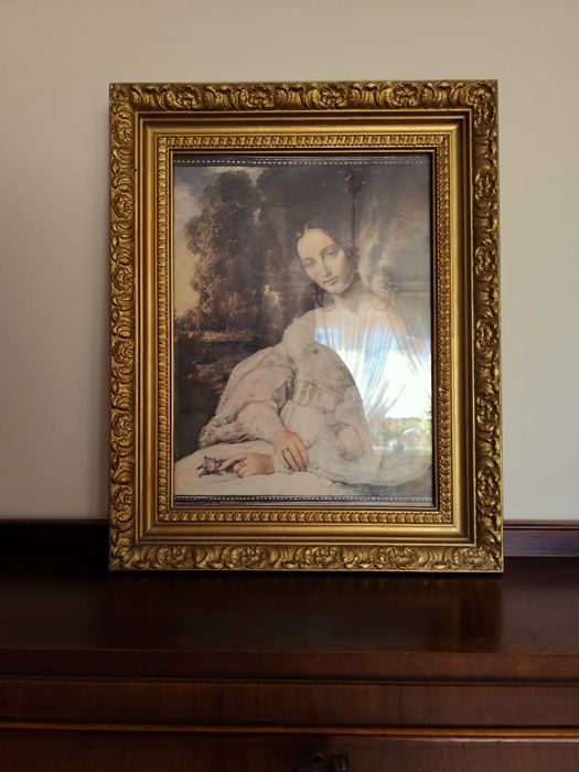 Stara rzeźbiona złocona drewniana rama na obraz lub lustro Vintage PRL